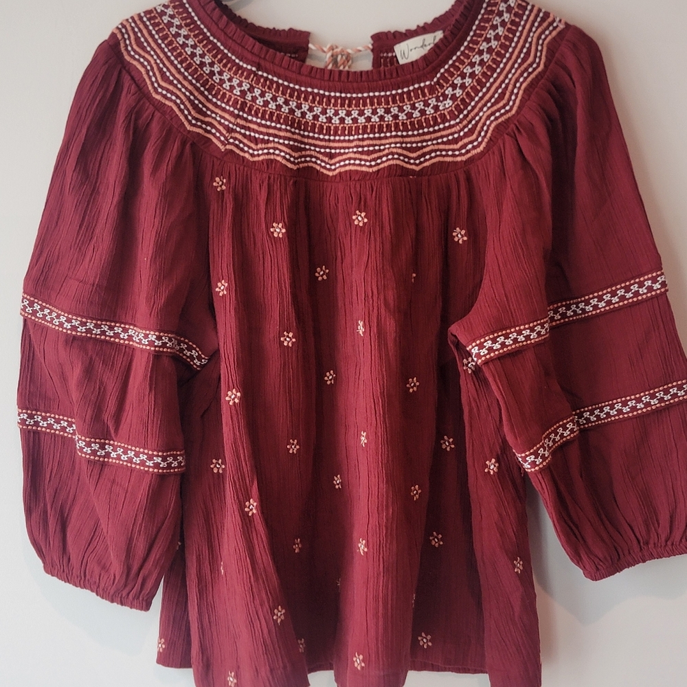 Wonderly size M brown Bohemian embroidered women top 3/4 sleeves